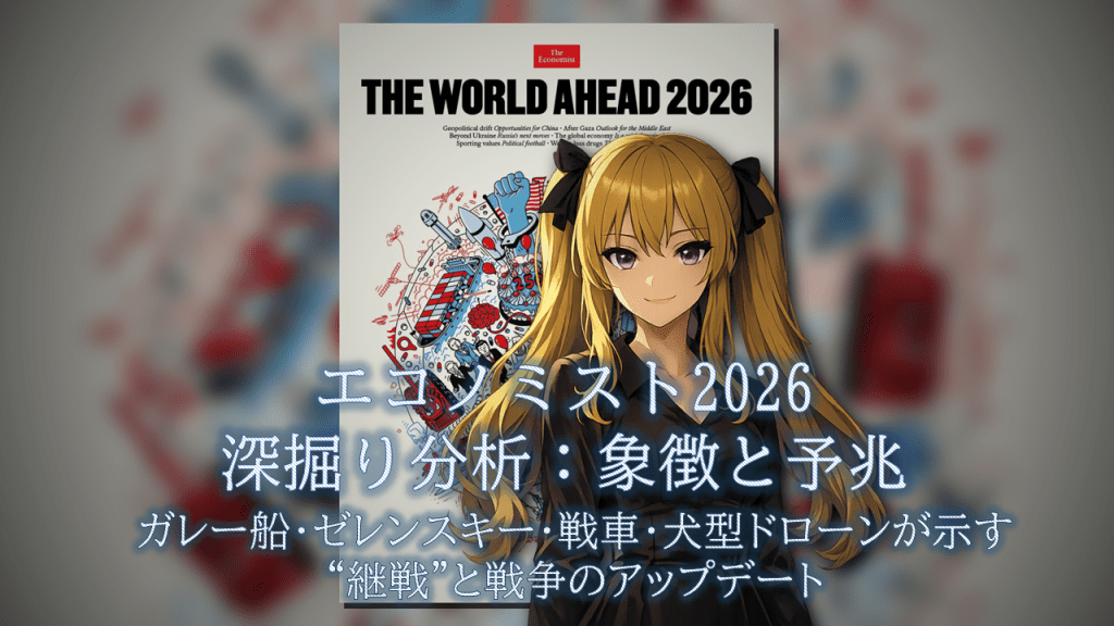 エコノミスト2026表紙(右上)解読:ガレー船・ゼレンスキー・戦車・犬型ドローンが示す“継戦”と戦争のアップデート