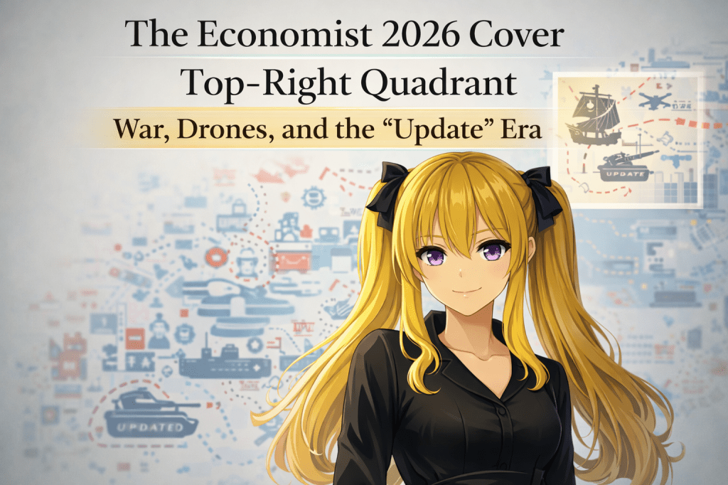 The Economist 2026 Cover (Top-Right): The “War Update Panel” — Galleon, a Zelensky-Like Figure, Tanks, and Ground&nbsp;Drones
