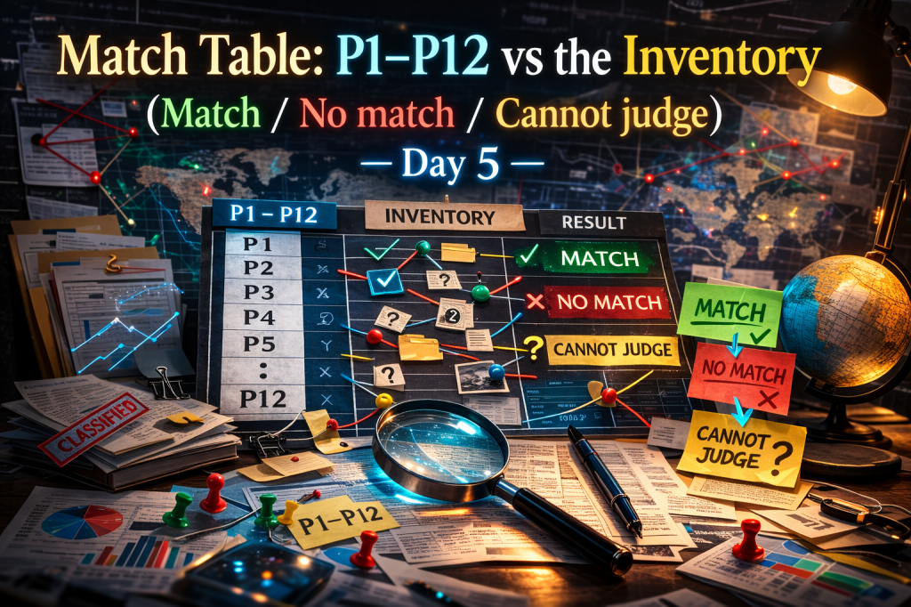 Match Table: P1–P12 vs the Inventory (Match / No match / Cannot judge) — Day&nbsp;5