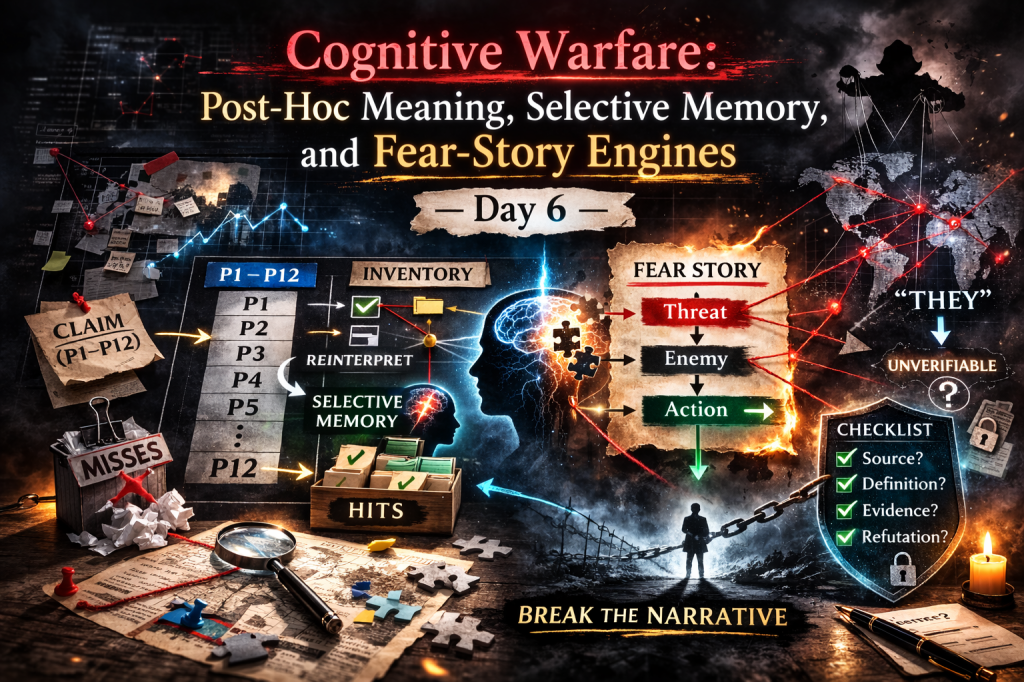 Cognitive Warfare: Post-Hoc Meaning, Selective Memory, and Fear-Story Engines — Day&nbsp;6