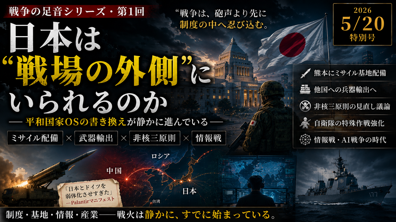 日本は“戦場の外側”にいられるのか――ミサイル配備・武器輸出・非核三原則・情報戦が示す平和国家OSの書き換え