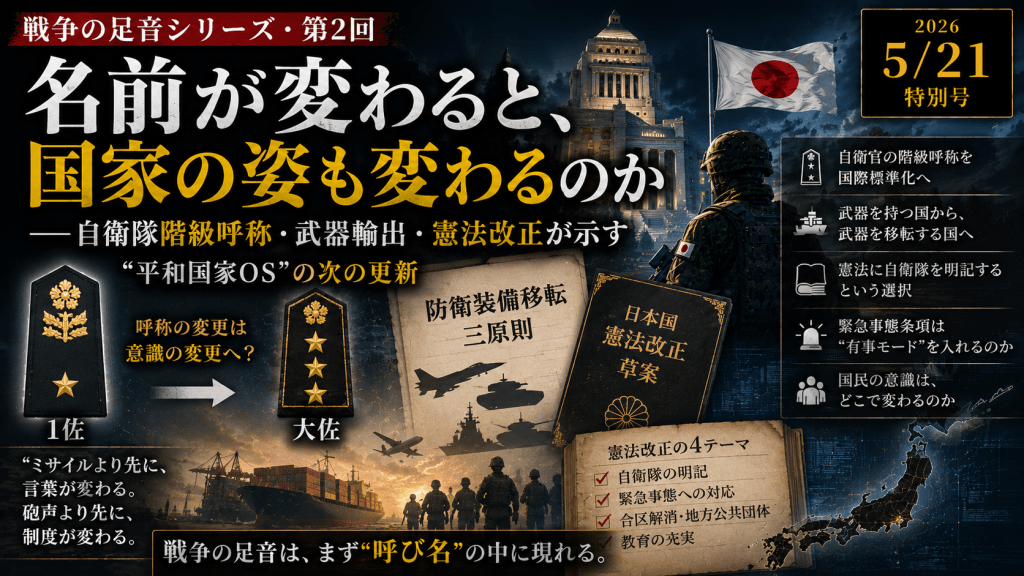 名前が変わると、国家の姿も変わるのか――自衛隊階級呼称・武器輸出・憲法改正が示す“平和国家OS”の次の更新